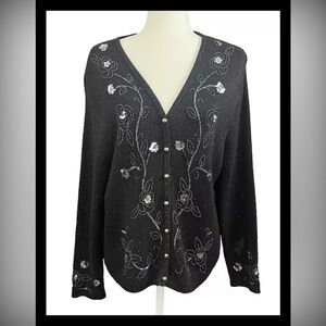 Work In Progress Black Cardigan Sequins Shimmer Holiday Vintage Inspired Large